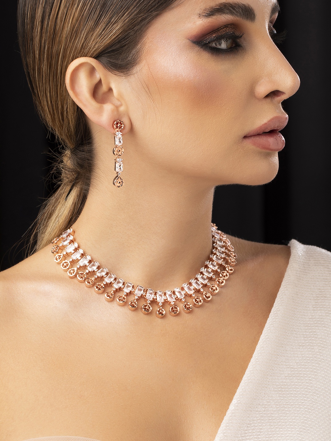 

Rubans Rose Gold-Plated & White CZ-Studded Handcrafted Statement Jewellery Set