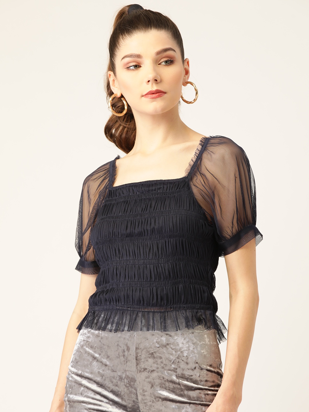 

Rue Collection Women Navy Blue Square Neck Puff Sleeves Net Fitted Crop Top
