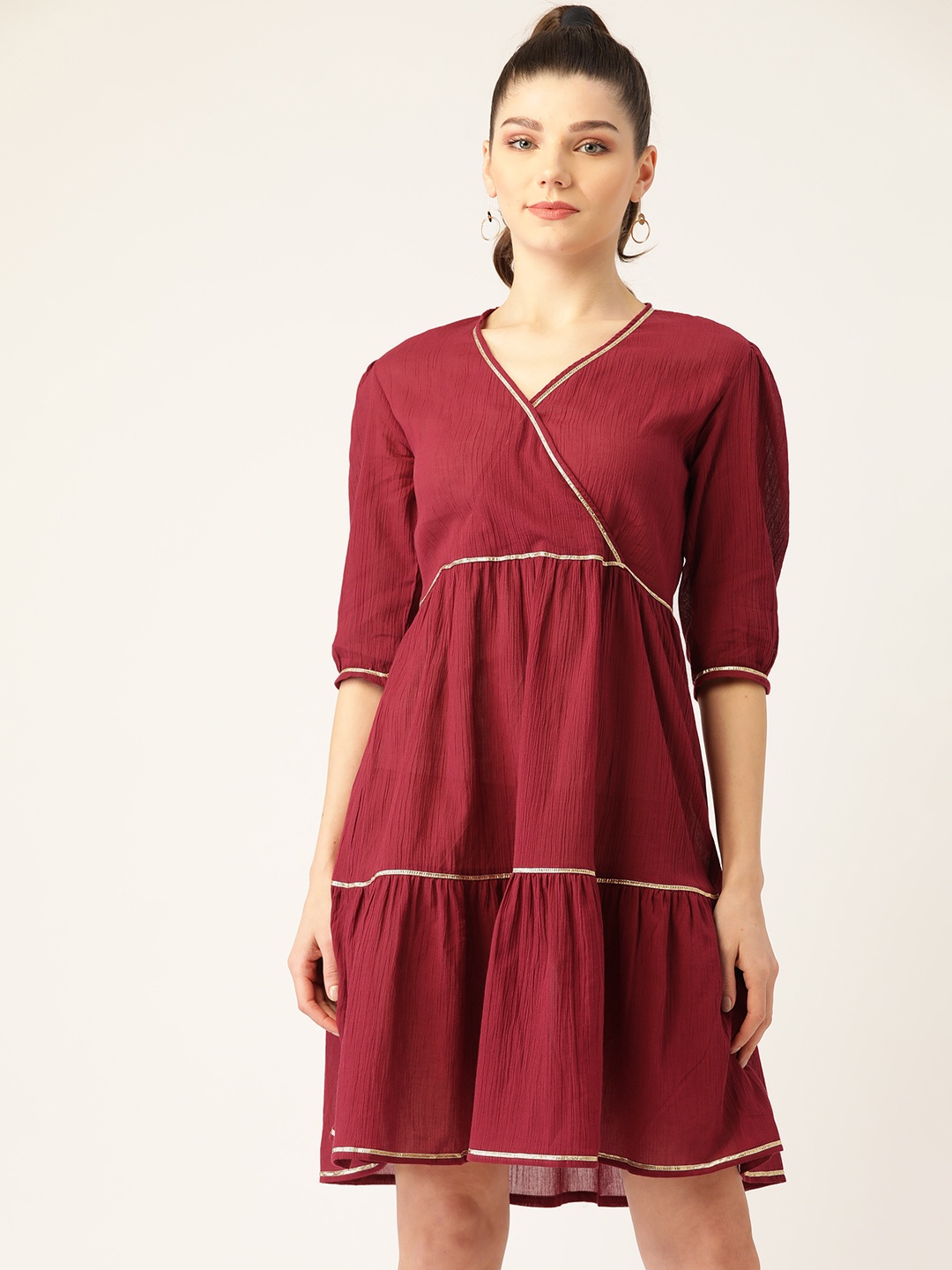 

Rue Collection Women Maroon Cotton Crinkled Effect Solid Tiered Wrap Dress