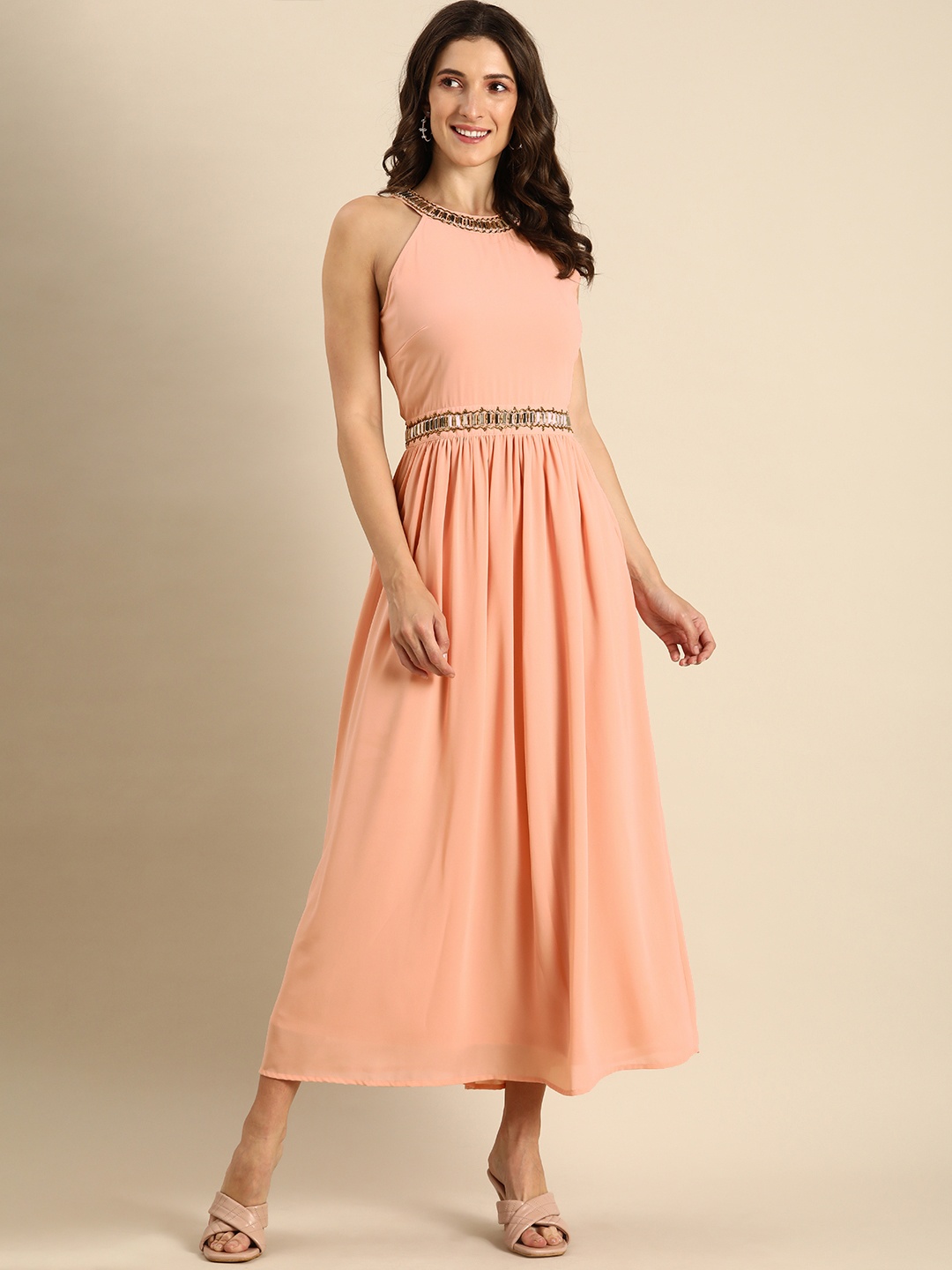 

all about you Peach-Coloured Solid Fit N Flare Maxi Dress