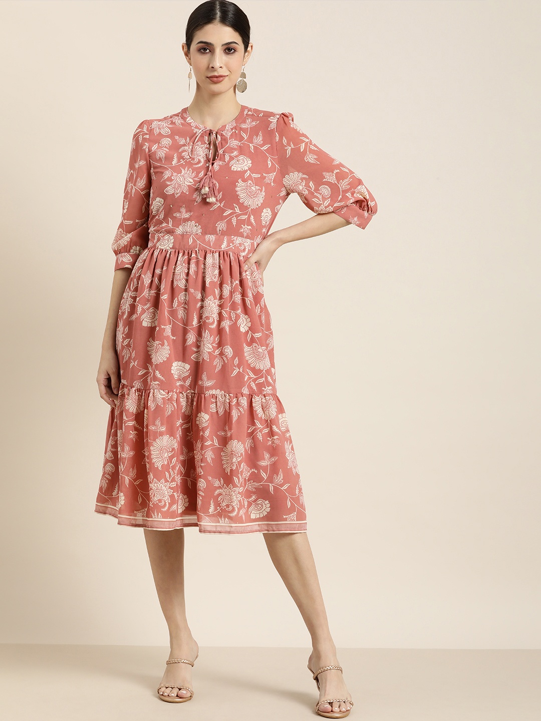 

all about you Women Pink & White Floral Printed Fit and Flare Dress