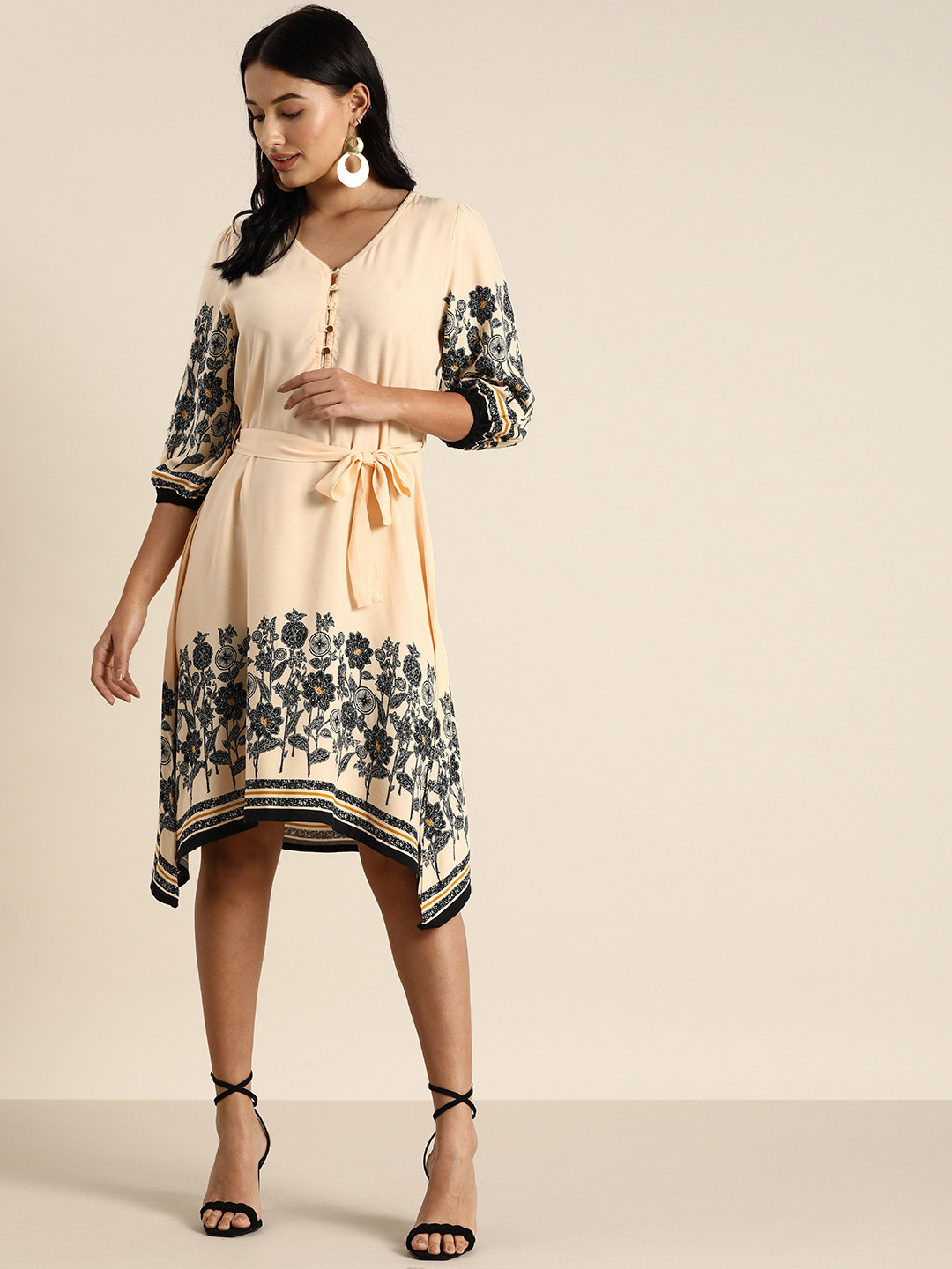 

all about you Cream-Coloured & Black Floral Printed Asymmetric Dress With Waist-Tie Up