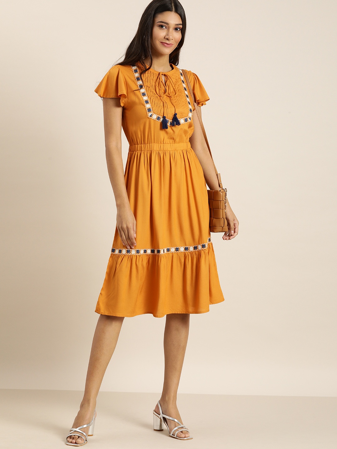 

all about you Mustard Yellow and Blue Tiered Fit and Flare Dress