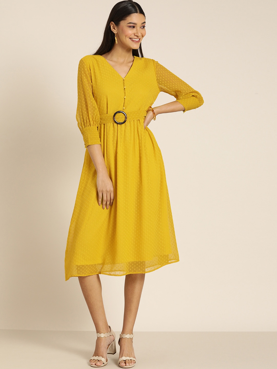 

all about you Women Olive Green Self Design Fit and Flare Dress
