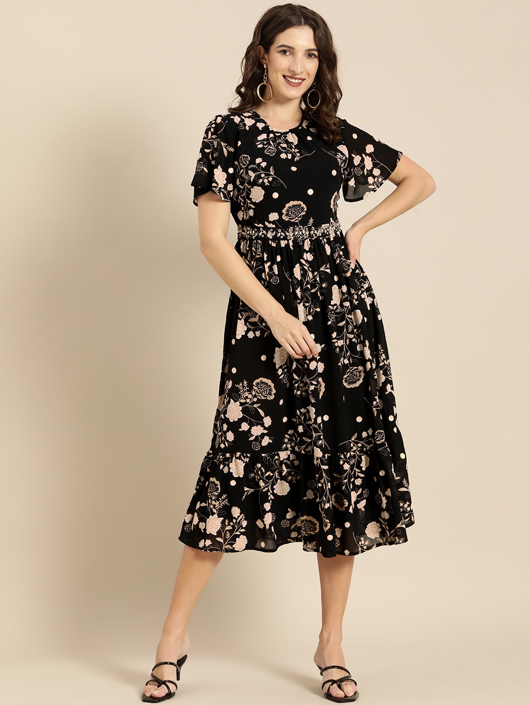 

all about you Black & Cream-Coloured Floral Flared Sleeves Midi Dress