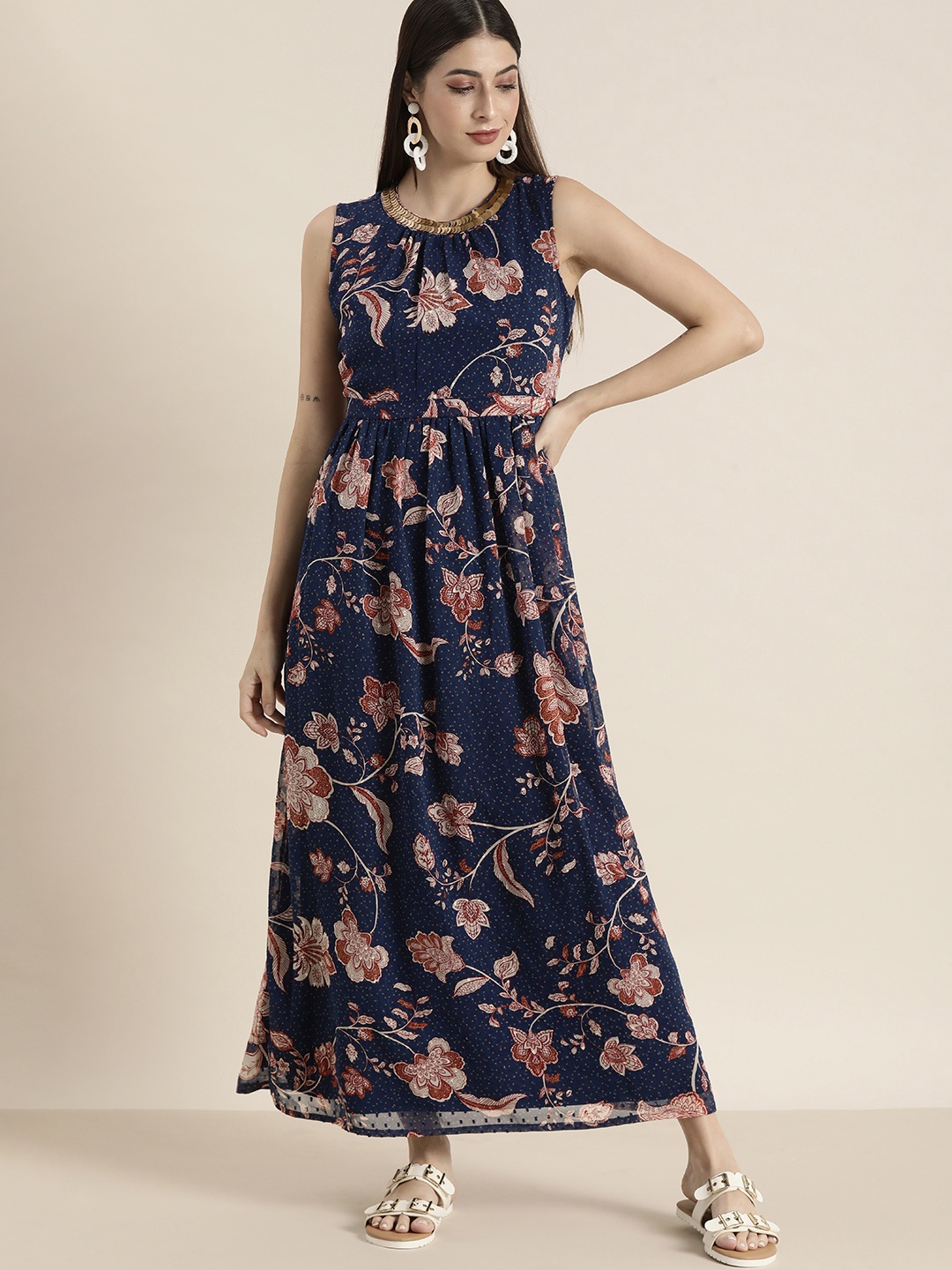 

all about you Women Navy Blue Floral Print A-Line Maxi Dress
