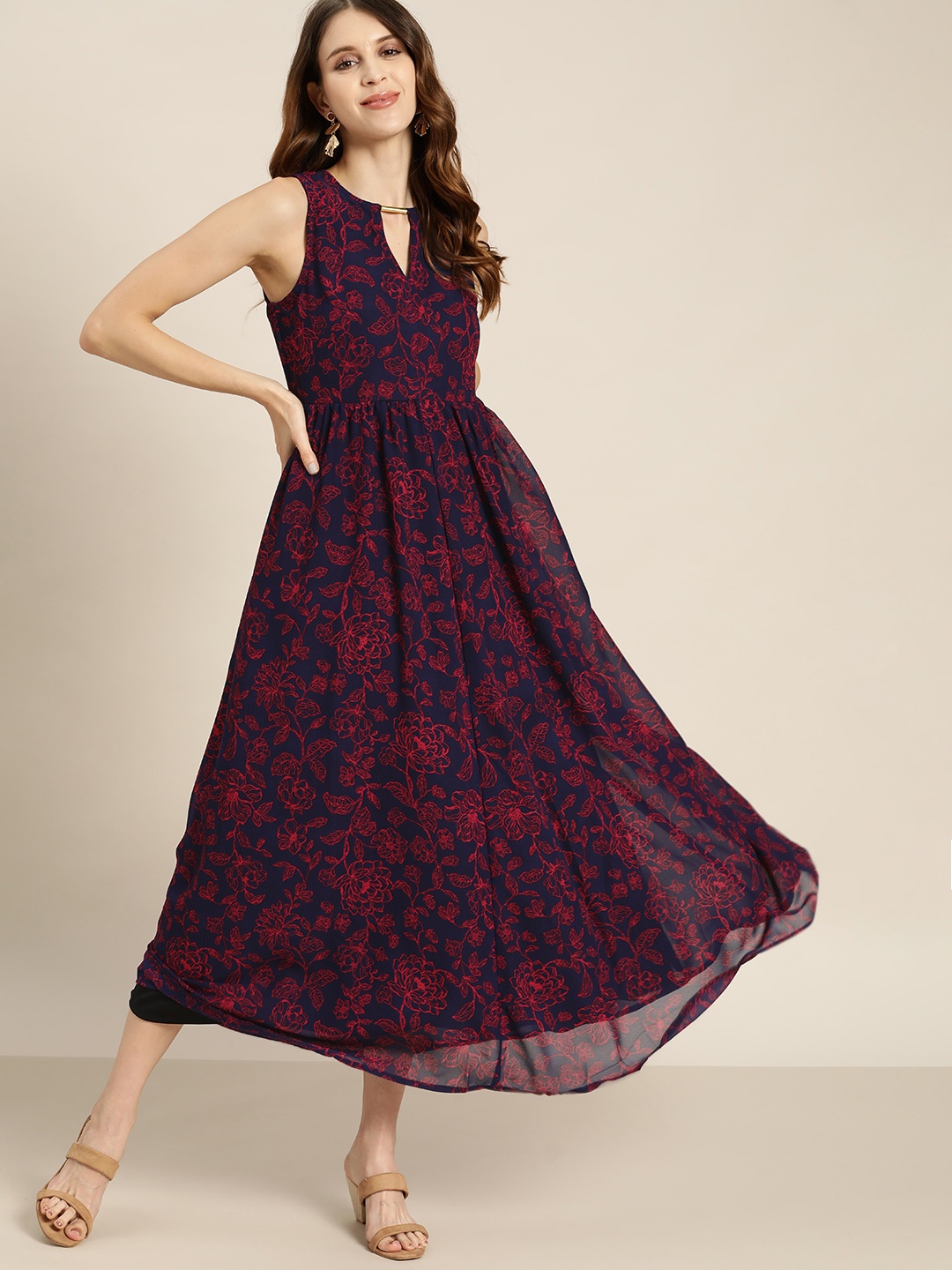 

all about you Navy Blue & Pink Floral Keyhole Neck Flared Midi Dress