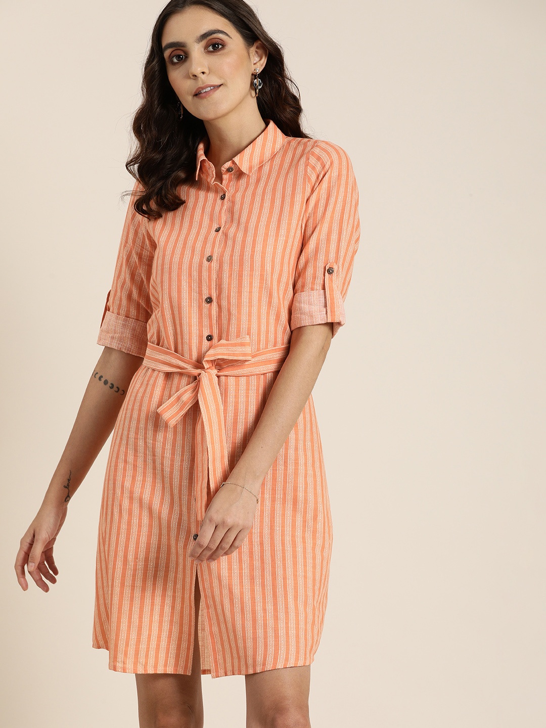 

all about you Women Orange & White Striped Shirt Dress