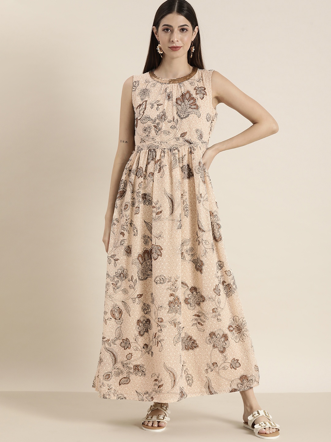 

all about you Women Beige Floral Print A-Line Maxi Dress