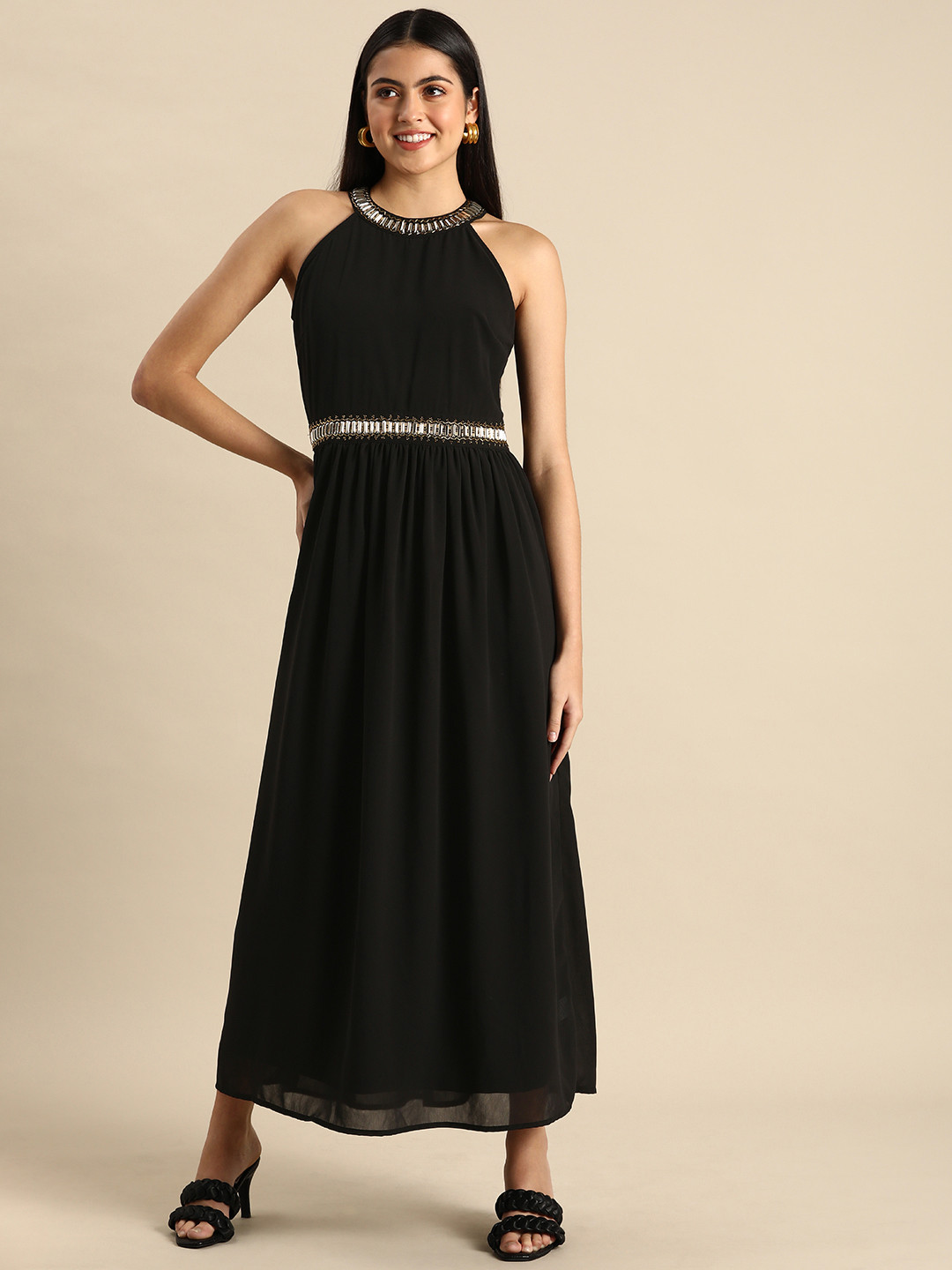 

all about you Black Solid Fit N Flare Maxi Dress