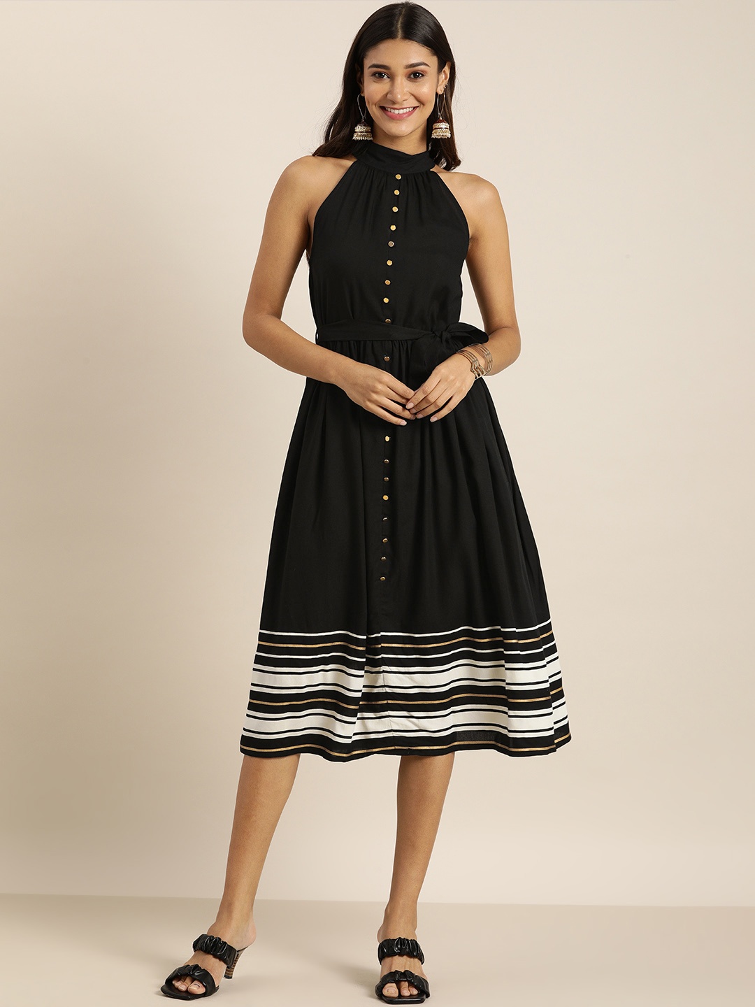 

all about you Women Black & White Striped Fit & Flare Dress with Fabric Belt Tie-Up
