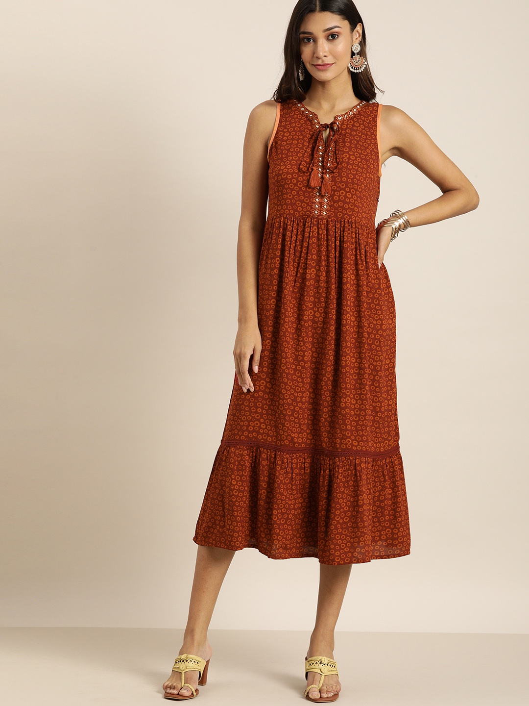 

all about you Rust Red Printed Fit and Flare Tiered Midi Dress