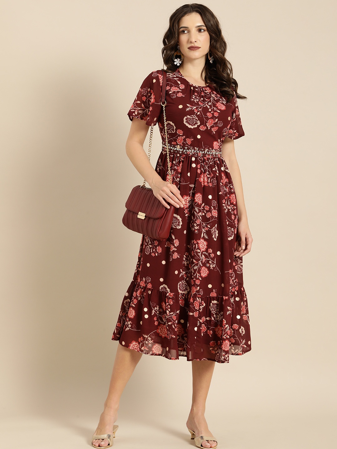 

all about you Maroon & Red Floral Flared Sleeves Midi Dress