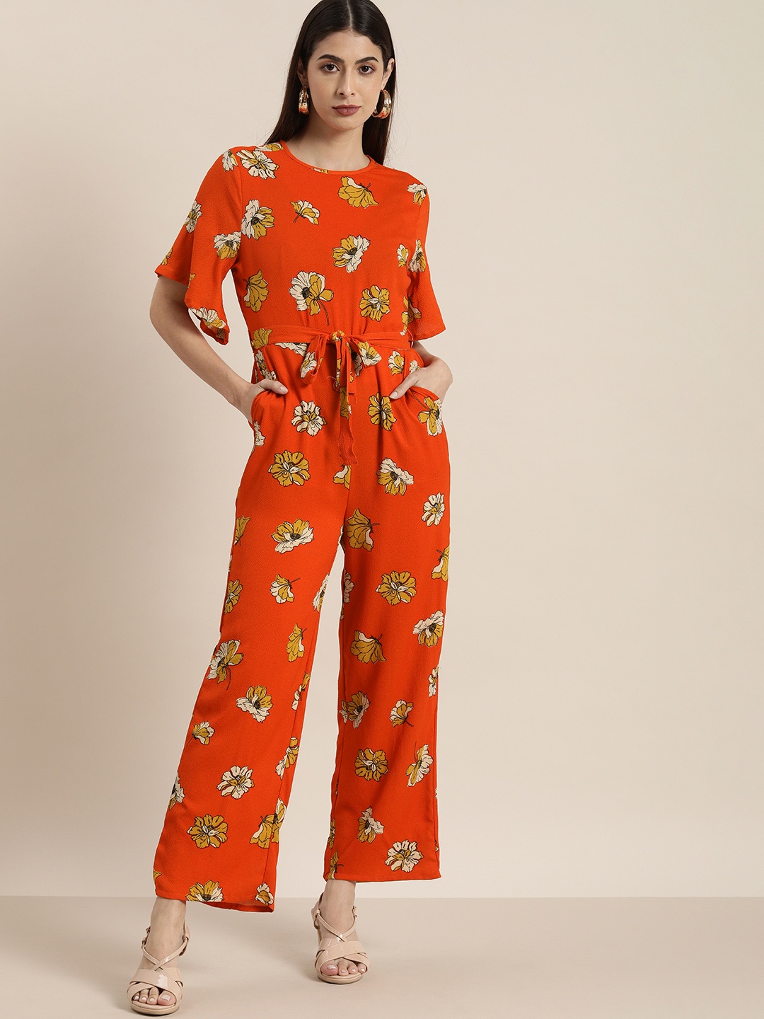 

all about you Orange and Mustard Floral Printed Jumpsuit