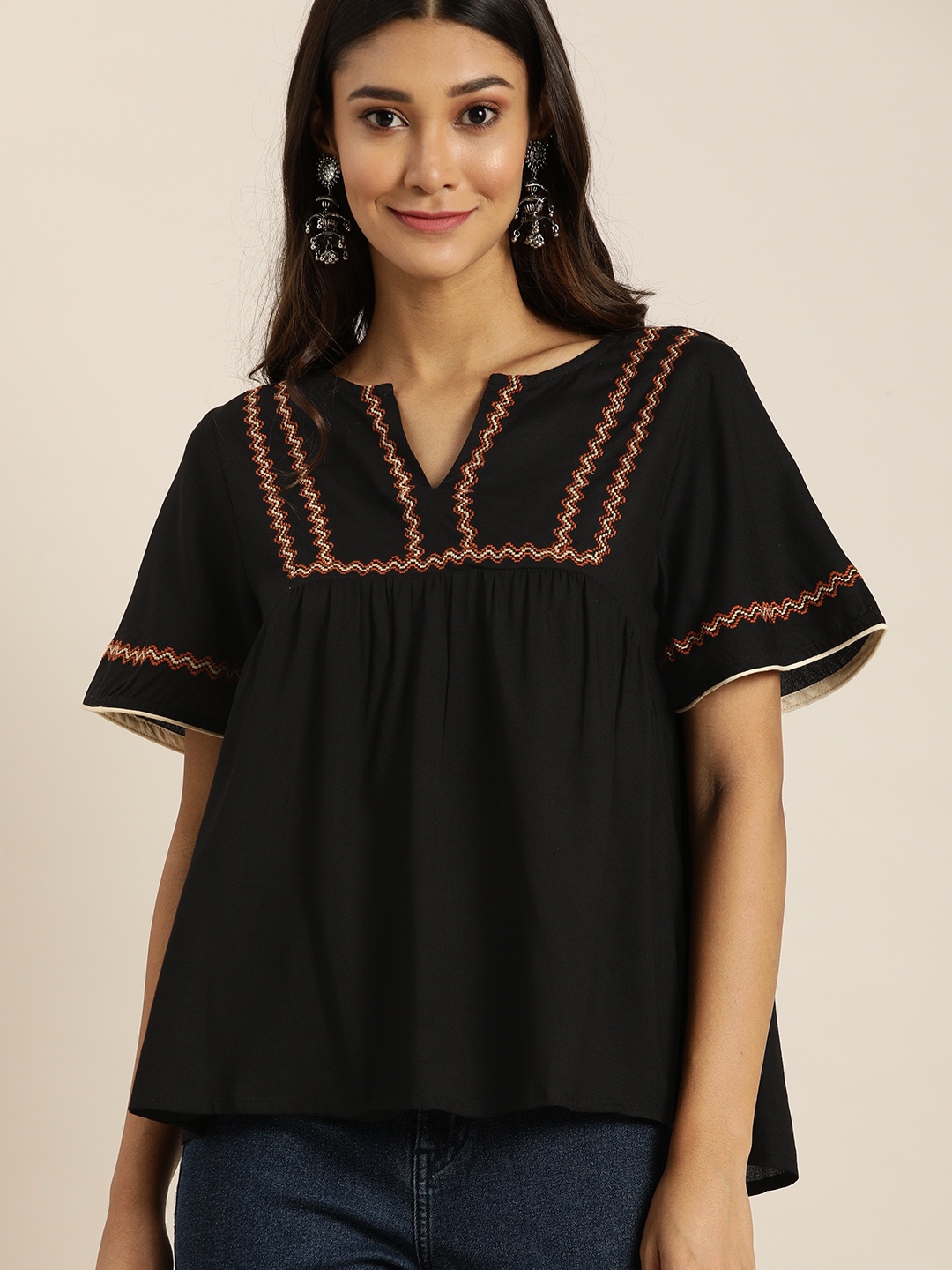 

all about you Black Embroidered Boxy Top