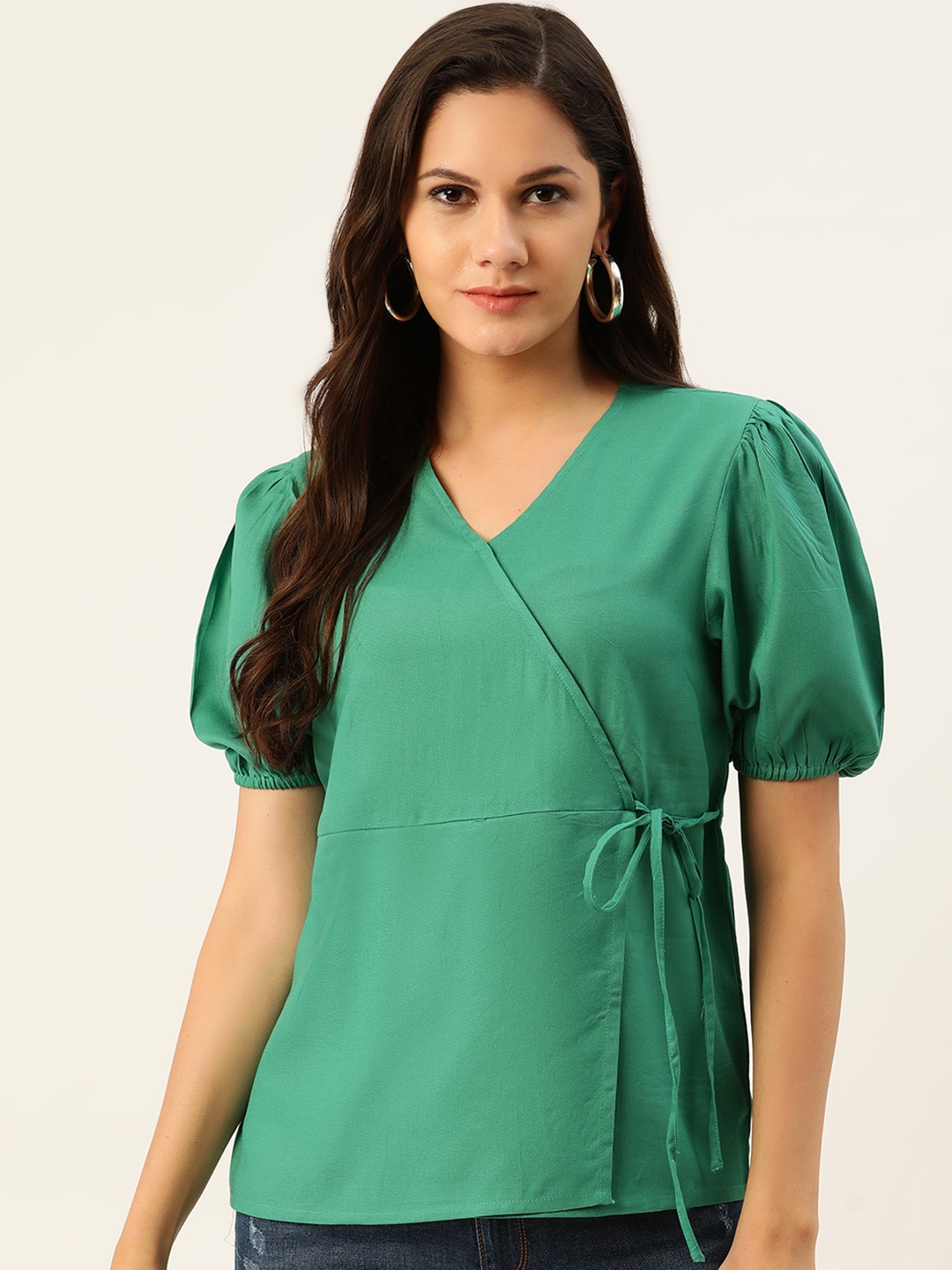 

all about you Green Solid Wrap Top with Waist Tie-Up