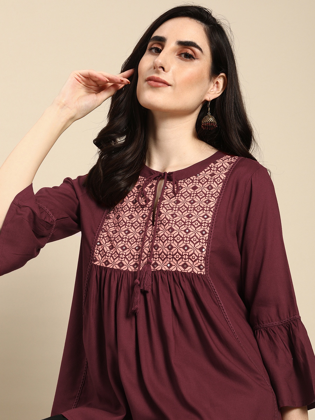 

all about you Women Maroon & Peach-Coloured Ethnic Yoke Print A-Line Top