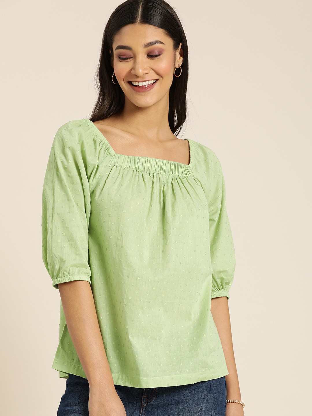 

All About You Green Self Design Puff Sleeves Pure Cotton Regular Top