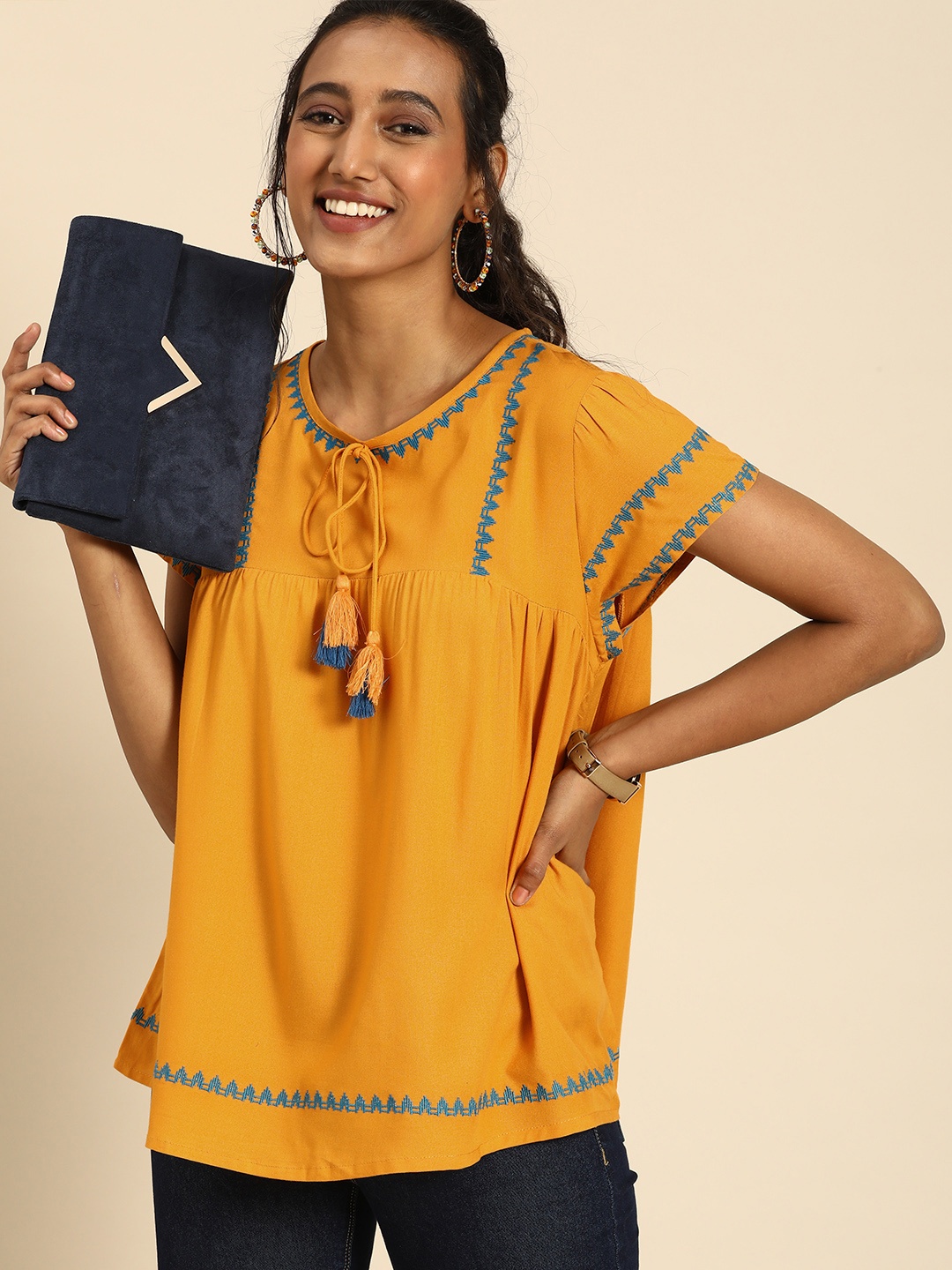 

all about you Women Gold & Blue Embroidered Tie-Up Neck Regular Top