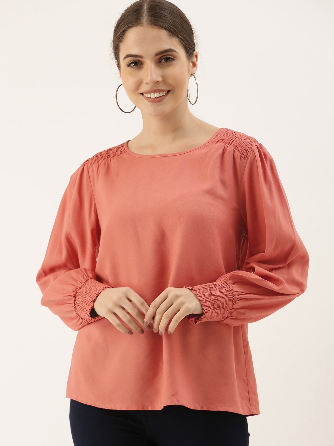 

all about you Coral Pink Bishop Sleeve Smocked Regular Top