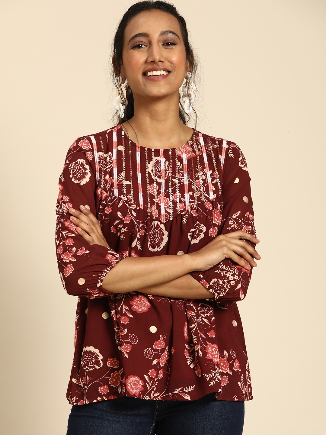 

all about you Women Maroon & Peach-Coloured Floral Print Sequined Regular Top