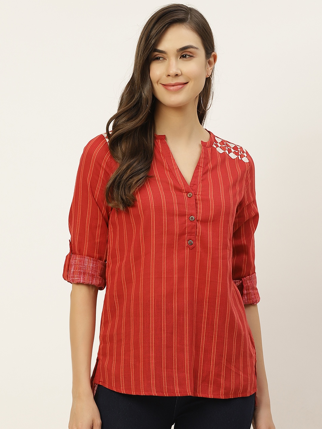 

all about you Women Red Striped Pure Cotton Embroidered Regular Top