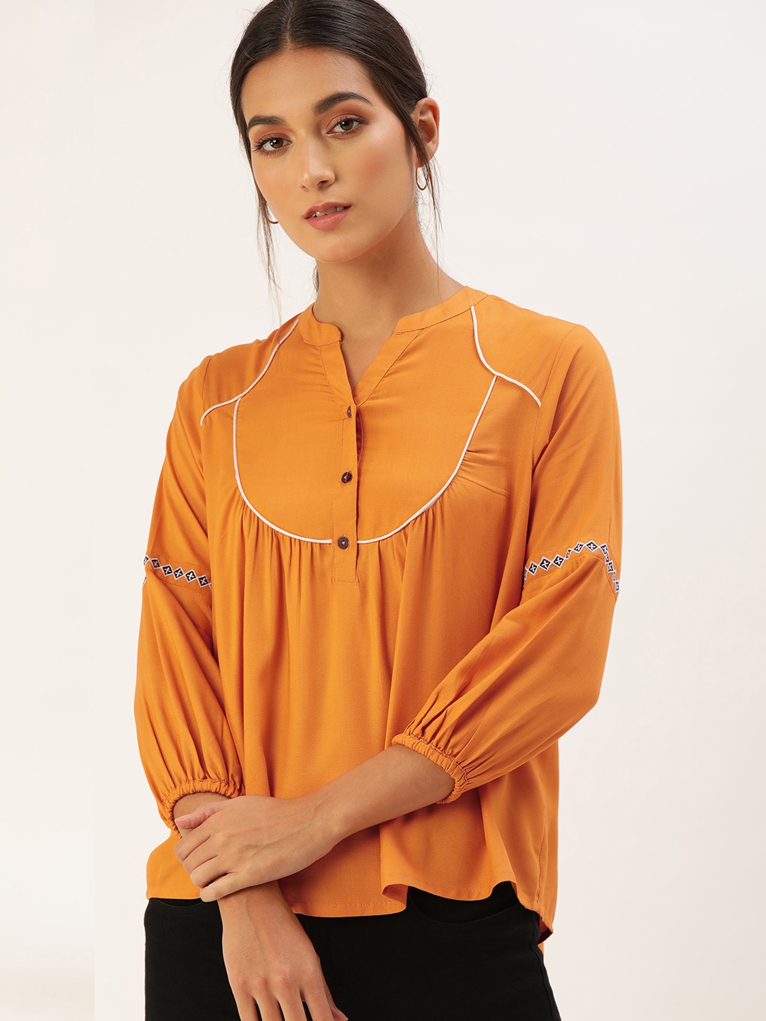 

all about you Mustard Yellow Mandarin Collar Regular Top