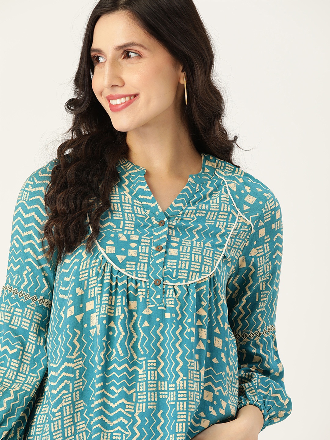

all about you Teal Green & Cream-Coloured Tribal Printed Puff Sleeve Regular Top