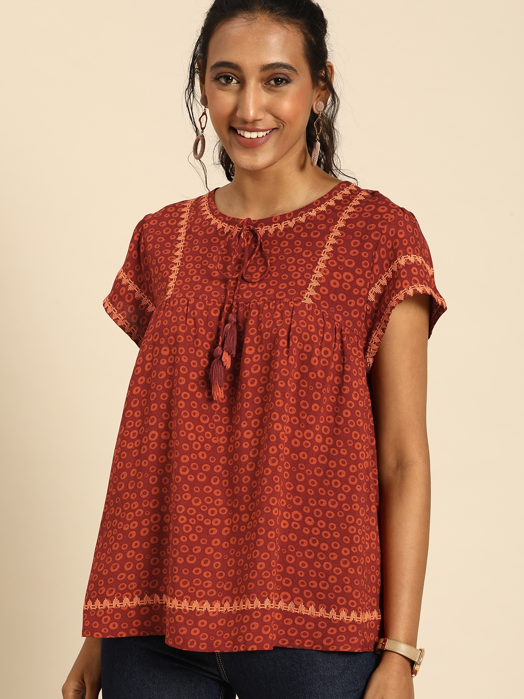 

all about you Women Brown & Beige Embroidered Tie-Up Neck Regular Top