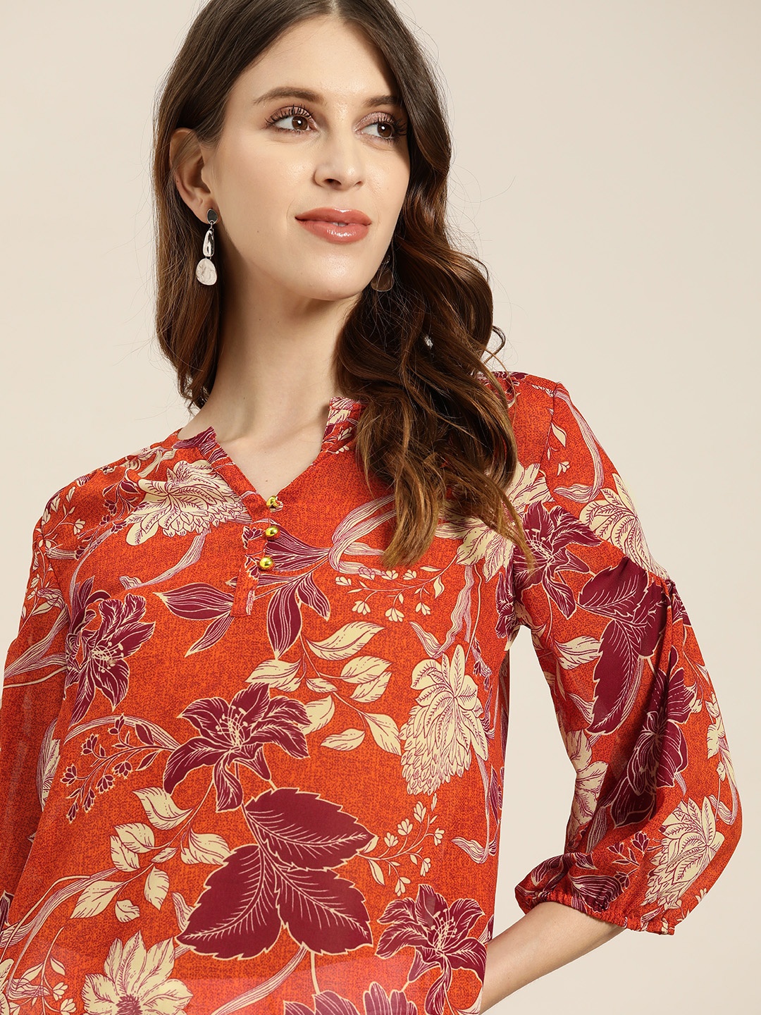 

all about you Rust orange and maroon Floral Print Puff Sleeve Regular Top