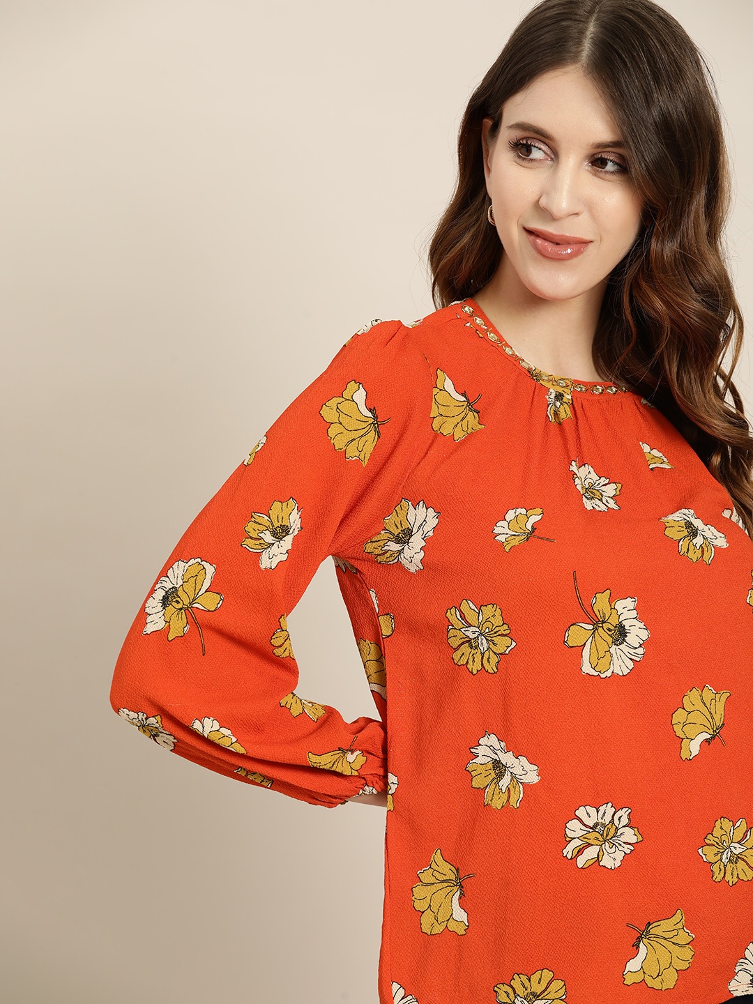 

all about you Orange & Mustard Yellow Floral Print Puff Sleeve Regular Top