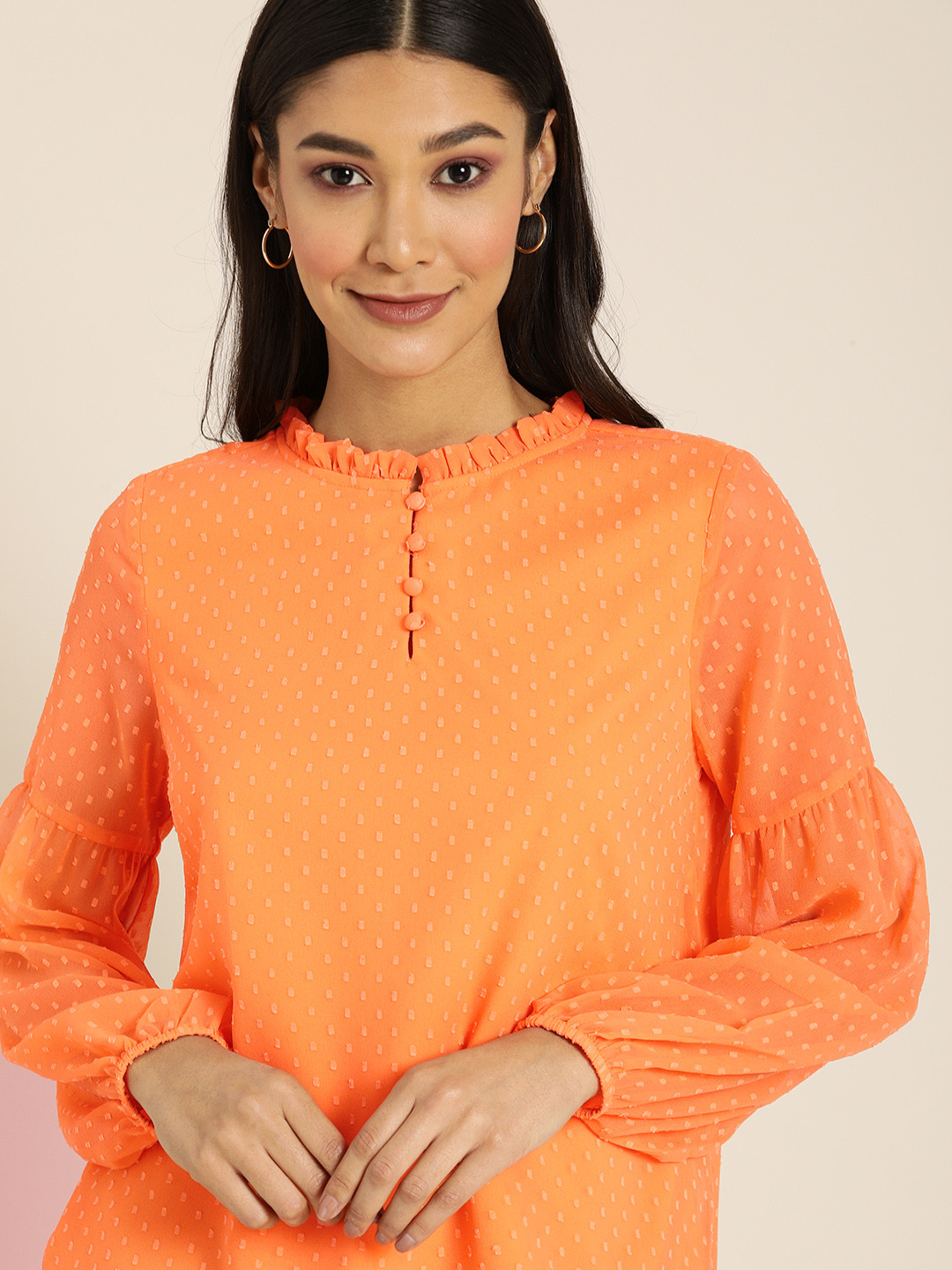 

All About You Coral Self-Design Ruffle Collar Cuff Sleeves Regular Top