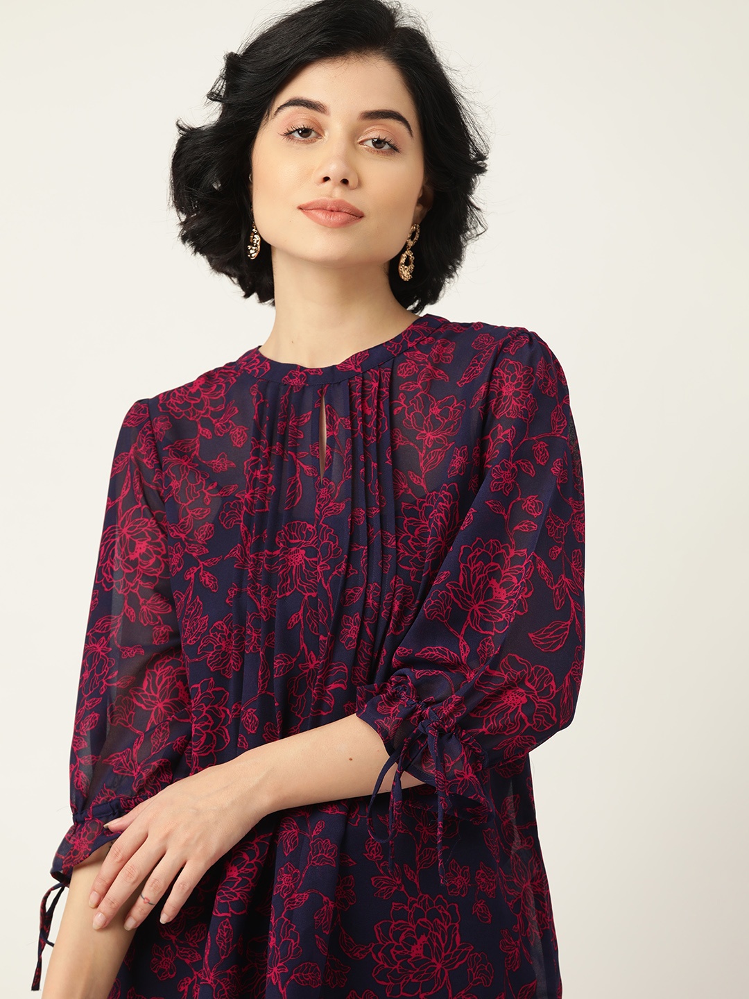 

all about you Navy Blue & Magenta Floral Keyhole Neck Semi-Sheer Top