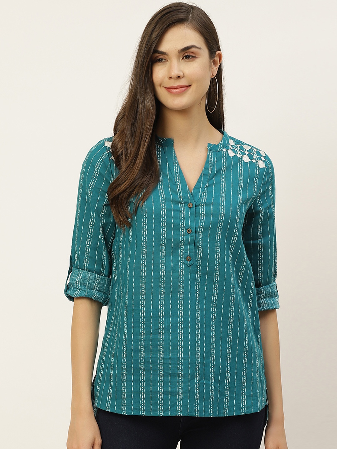 

all about you Women Blue Striped Pure Cotton Regular Top