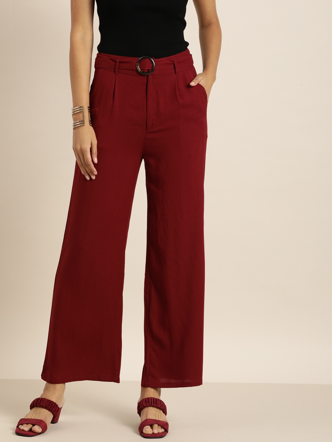 

all about you Women Maroon High-Rise Pleated Woven Trousers