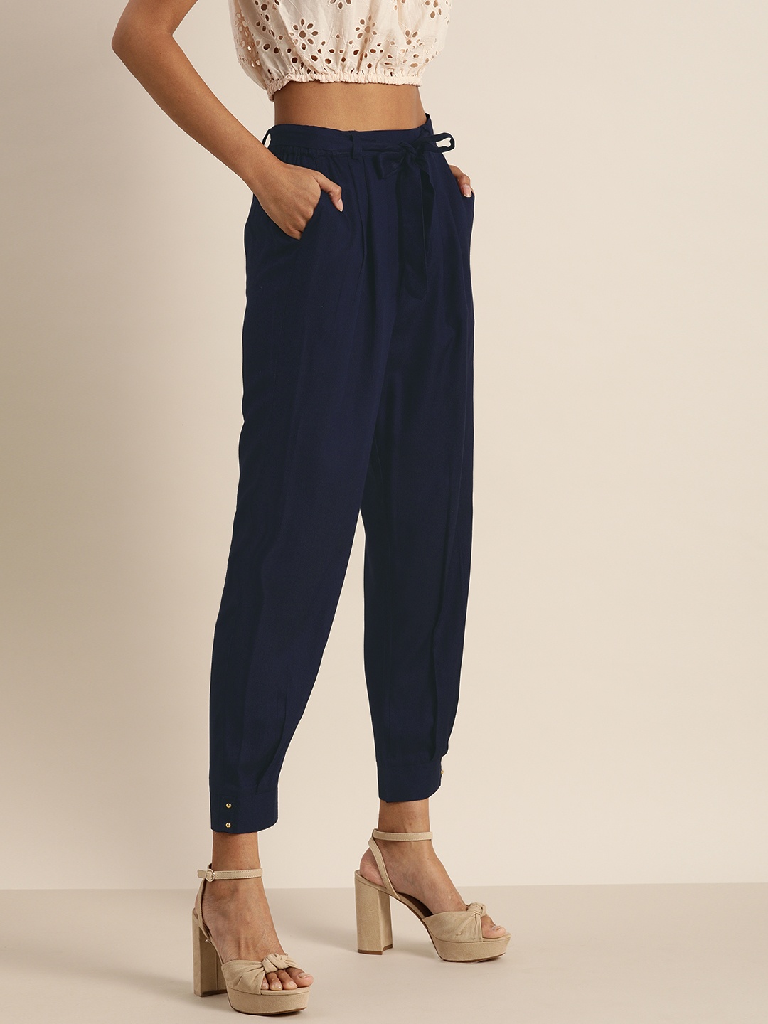 

all about you Women Navy Blue Regular Fit Solid Cropped Pleated Joggers