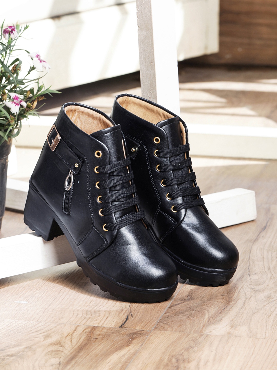 

LONDON STEPS Women Black Embellished High-Top Heeled Boots