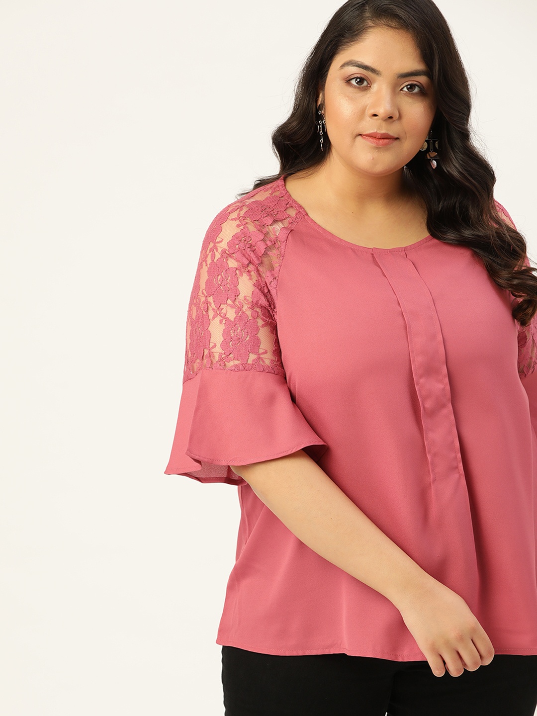 

Sztori Plus Size Pink Bell Lace Sleeve Regular Top