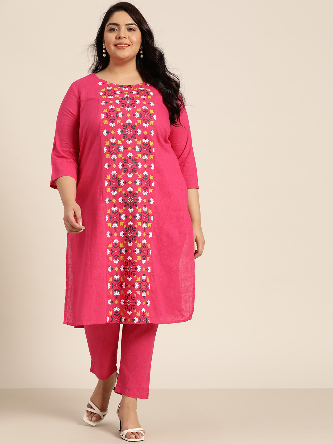 

Sztori Women Plus Size Pink Ethnic Printed Pure Cotton Kurta with Trousers