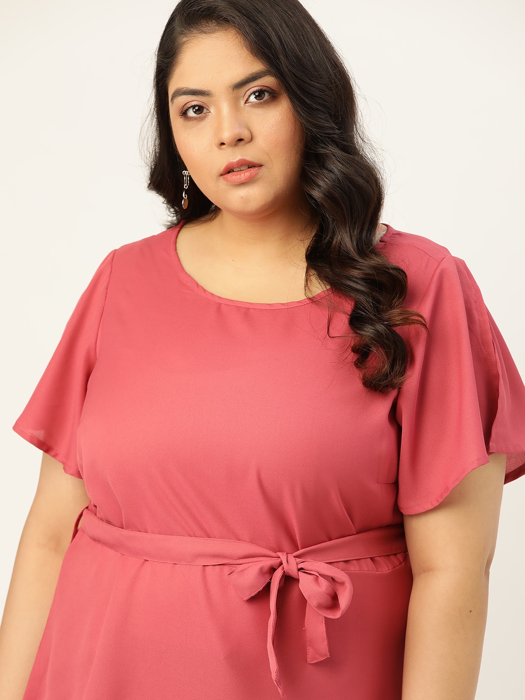 

Sztori Plus Size Pink Solid Slit Sleeve Cinched Waist Top