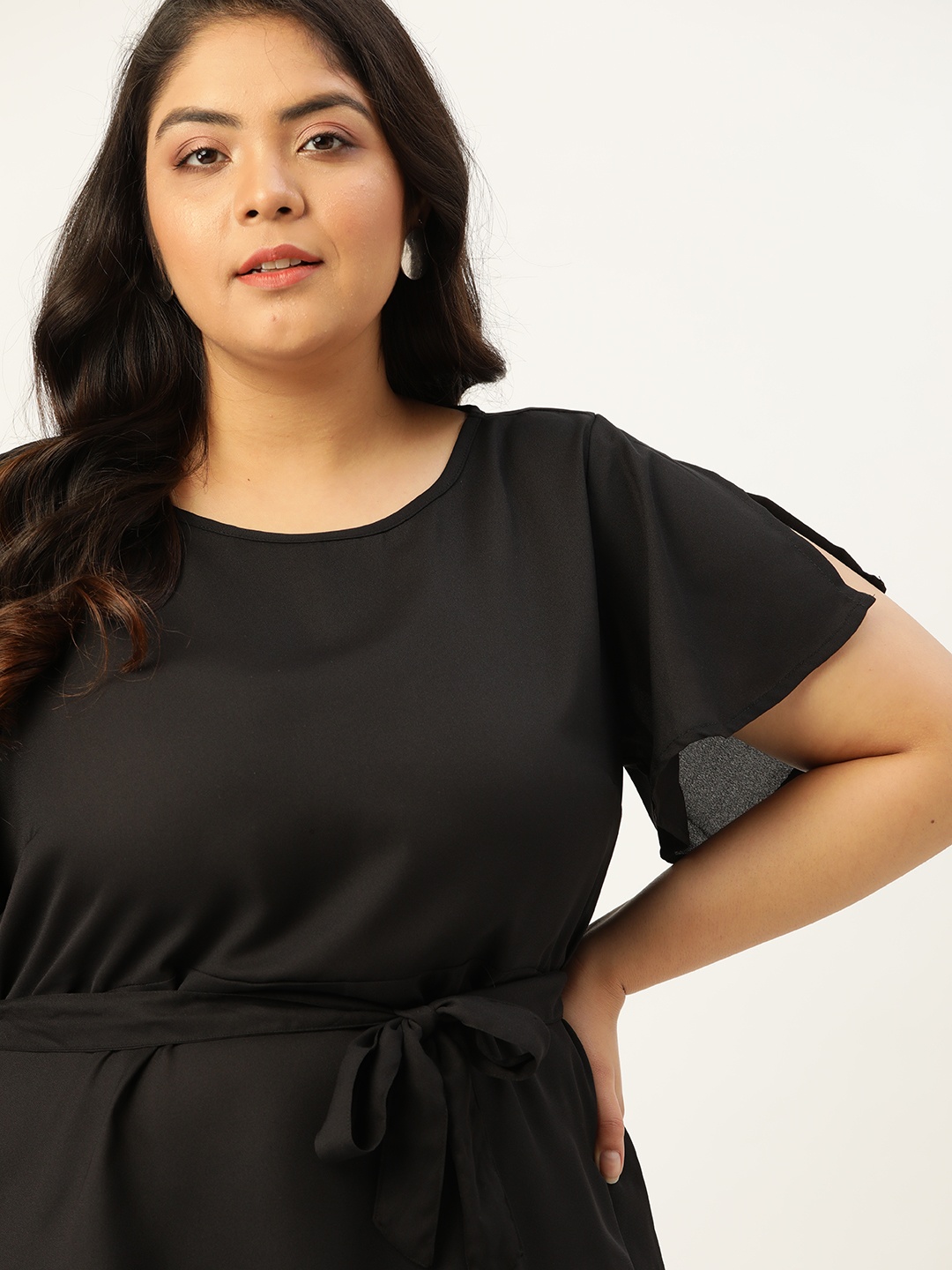 

Sztori Plus Size Black Solid Slit Sleeve Cinched Waist Top