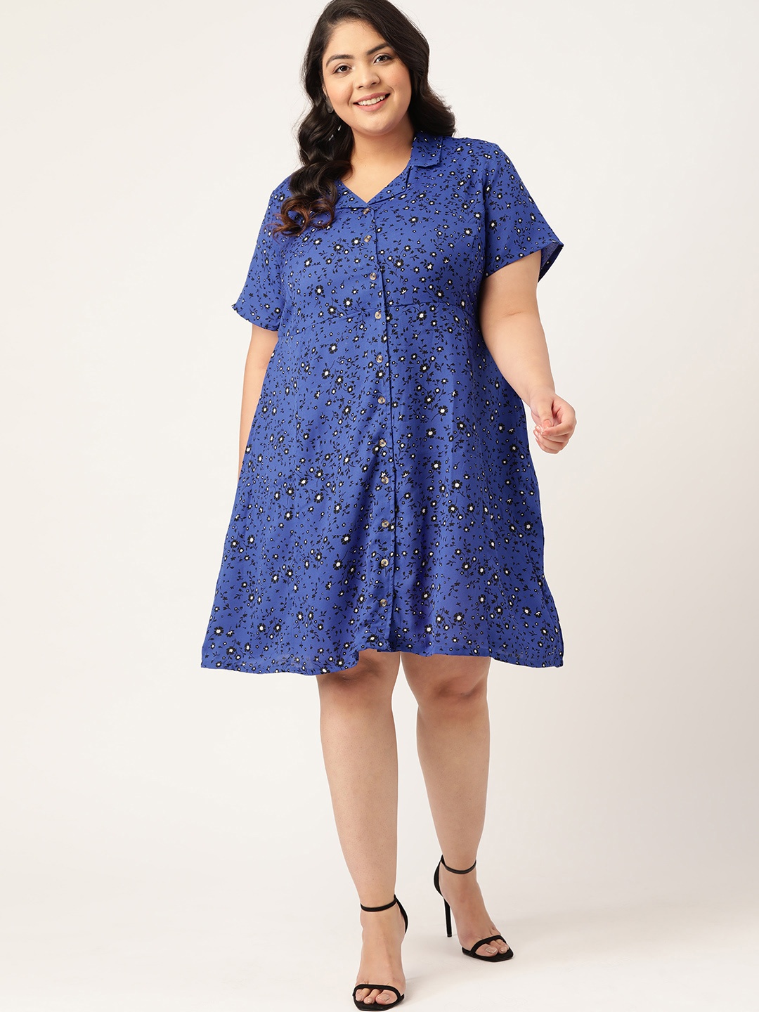 

Sztori Women Plus Size Navy Blue & Black Floral Printed Shirt Dress