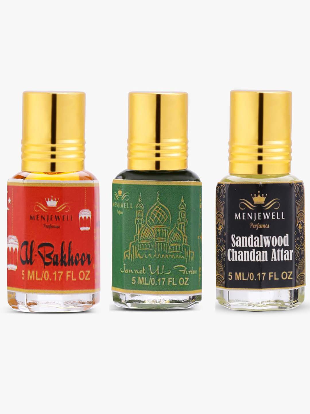 

Menjewell Unisex Set Of 3 al Bakhoor Jannar-Ul-Firdaus & Sandalwood Chandan Attar, Transparent