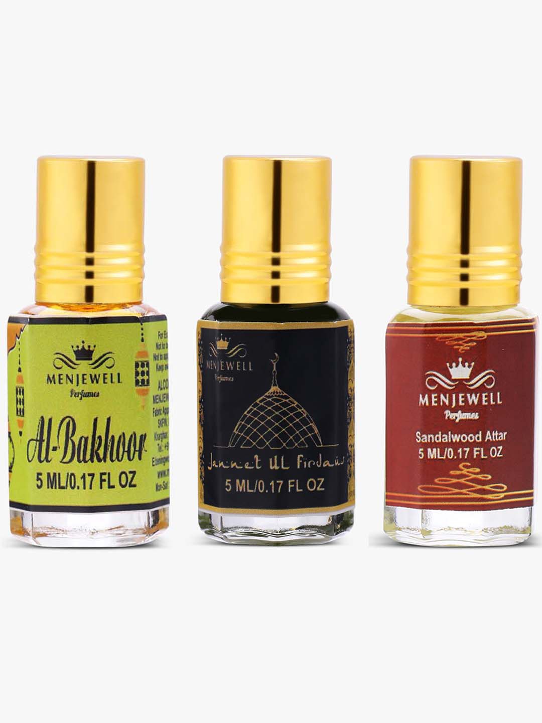 

Menjewell Unisex Al-Bakhoor, Jannat-Ul-Firdaus & Sandalwood Attar 5 ml Pack of 3, Transparent