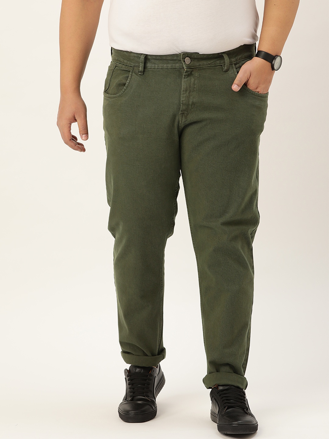 

Sztori Men Plus Size Olive Green Slim Tapered Fit Stretchable Jeans