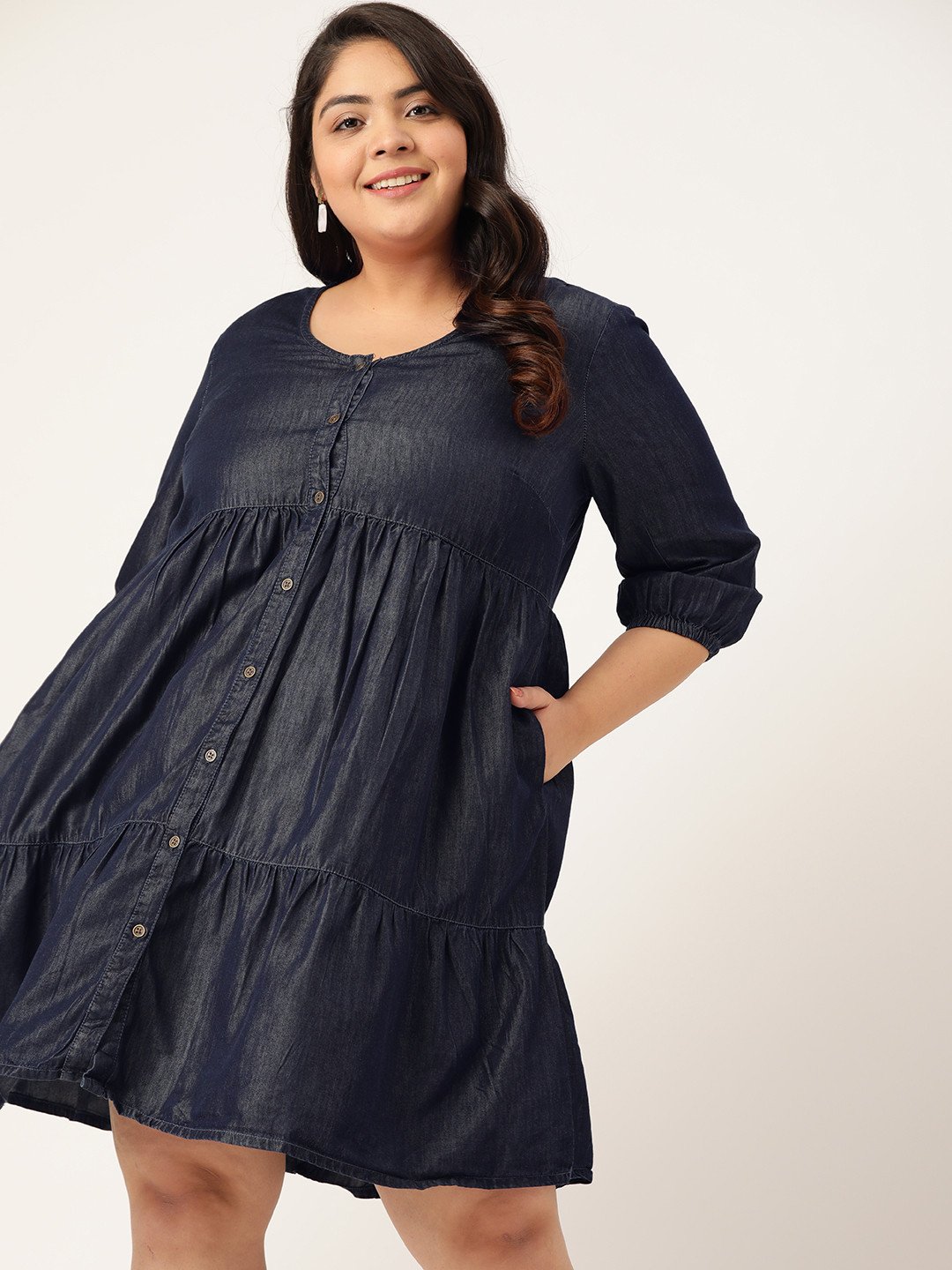 

Sztori Plus Size Navy Blue Solid Chambray Tiered A-Line Dress