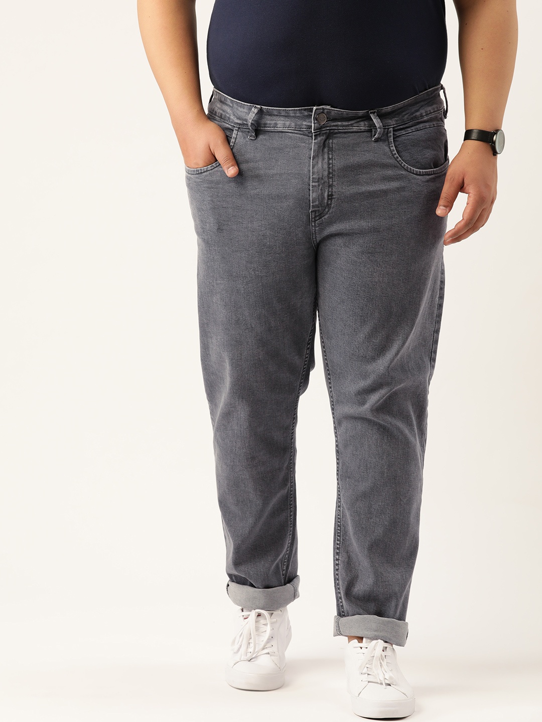 

Sztori Men Plus Size Grey Slim Tapered Fit Mid-Rise Clean Look Stretchable Jeans