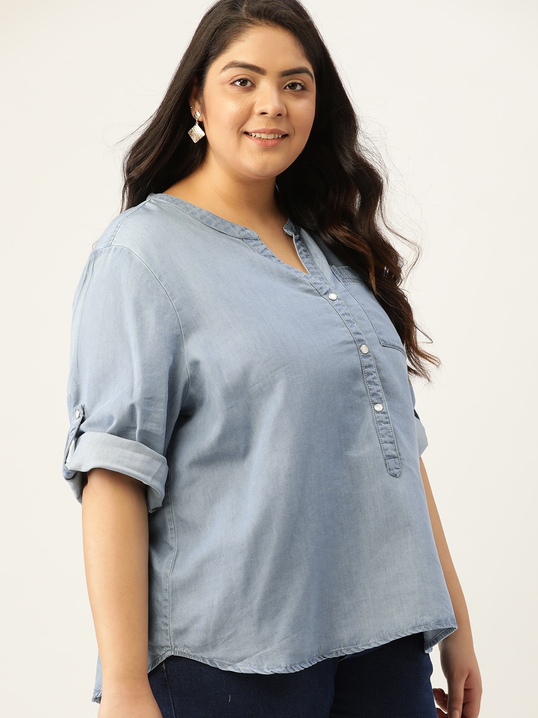 

Sztori Women Plus Size Blue Casual Cotton Chambray Shirt