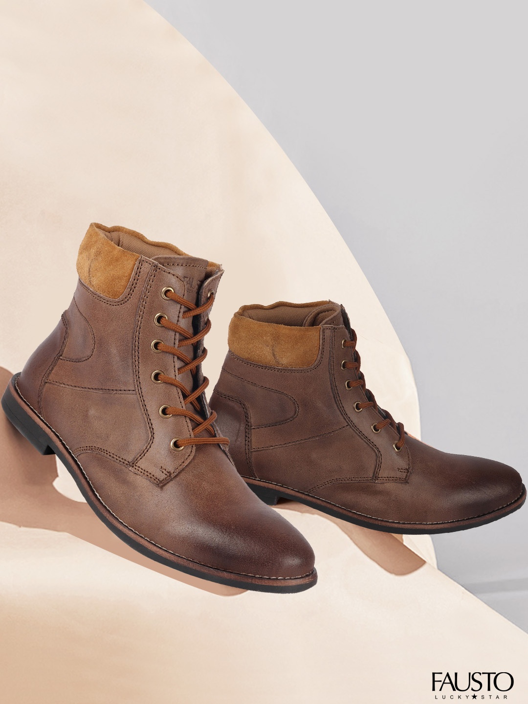 

FAUSTO Men Brown Mid-Top Leather Flat Boots