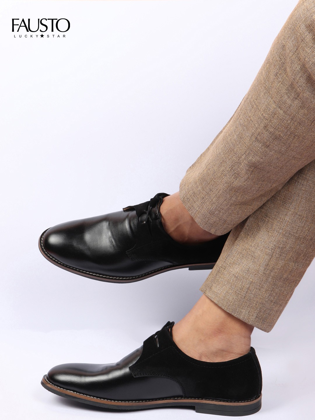 

FAUSTO Men Black Solid Leather Formal Derbys